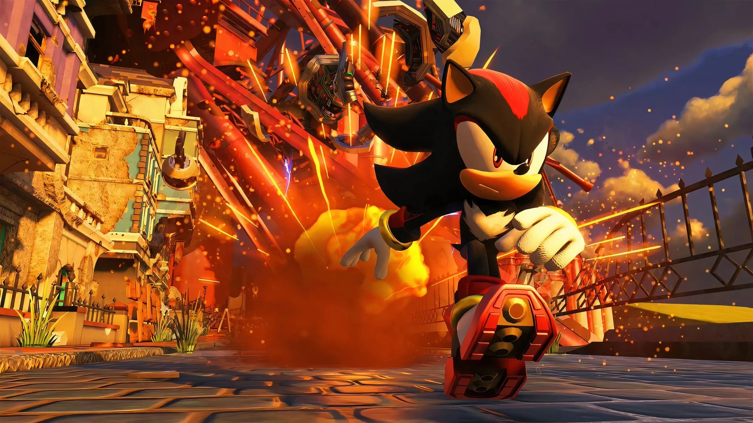 Shadow the Hedgehog chạy tốc độ cao, minh họa gameplay hành động của game.