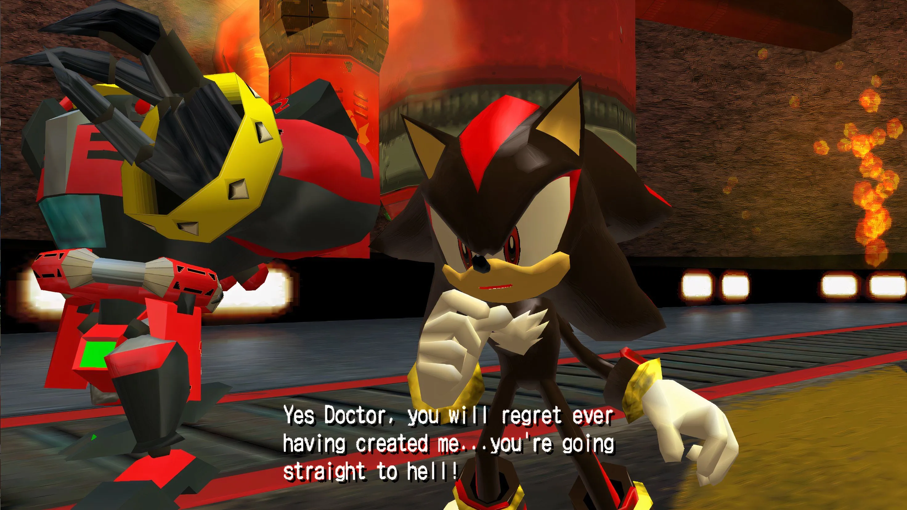 Shadow the Hedgehog đối mặt với kẻ thù trong một cảnh hành động từ game.