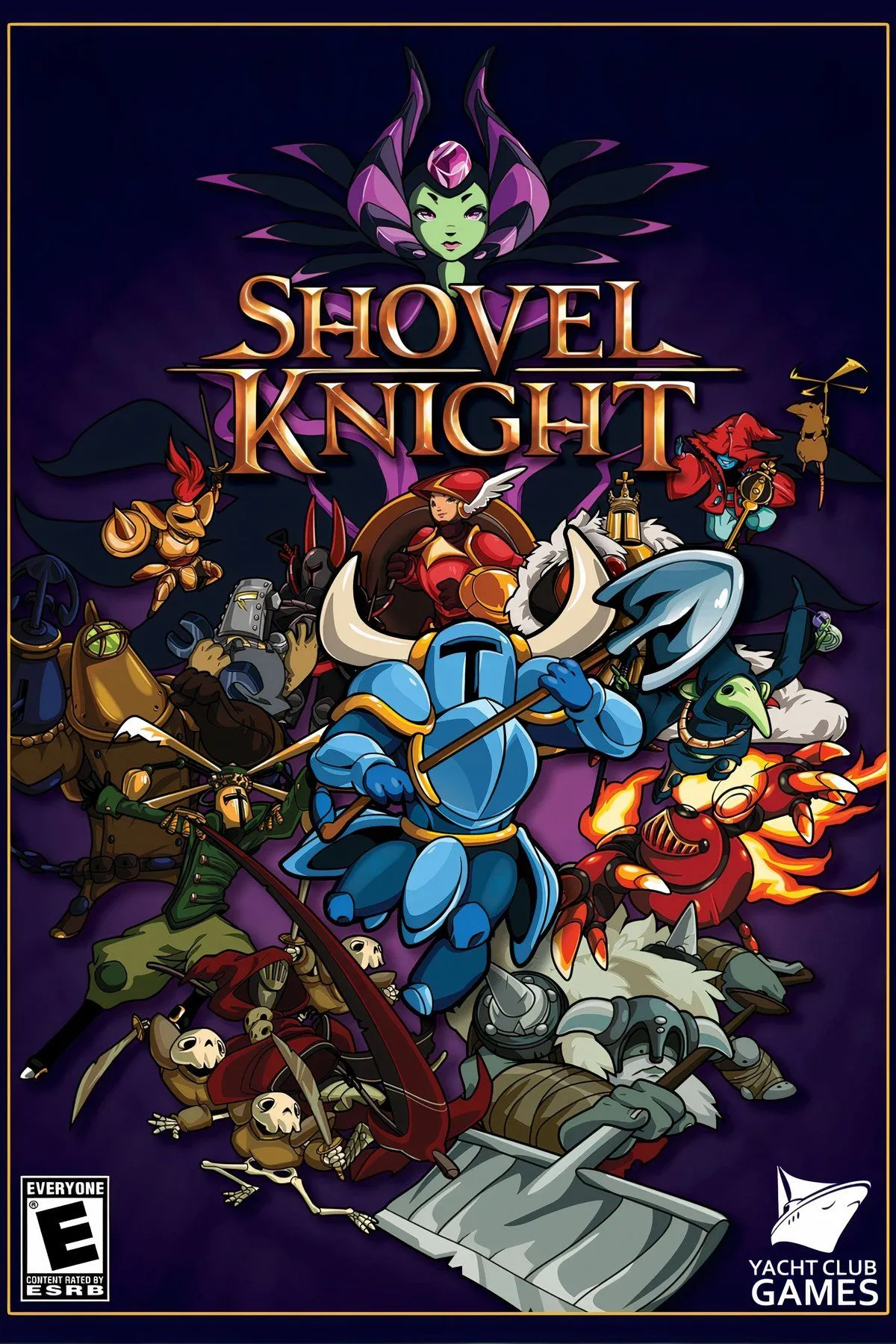 Shovel Knight sử dụng xẻng của mình để tấn công kẻ thù trong một cảnh chiến đấu pixel art