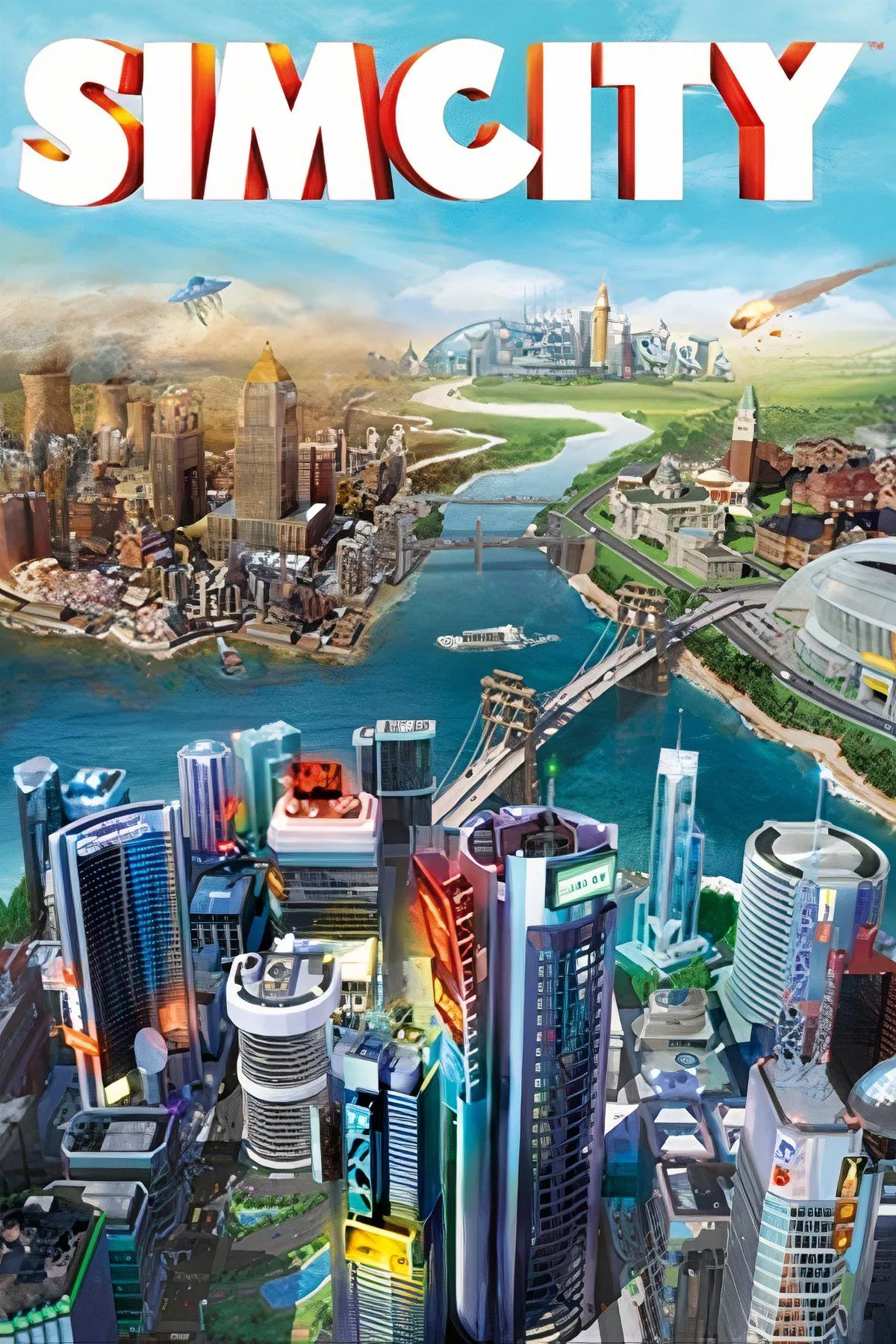 SimCity (2013) hiển thị cảnh một thành phố được xây dựng với những tòa nhà chọc trời, công trình dân sinh và giao thông đông đúc, thể hiện quy mô và chi tiết của game