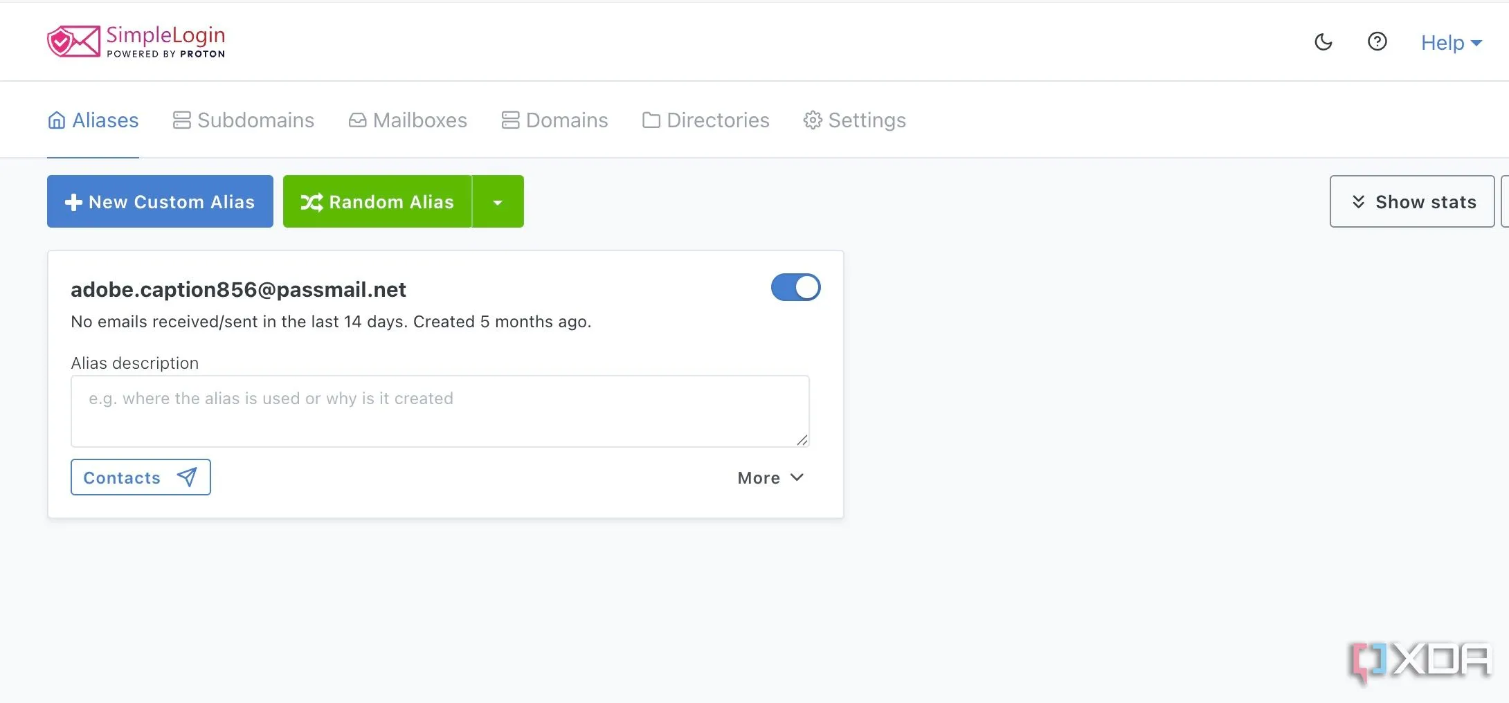 SimpleLogin hiển thị danh sách các bí danh email đã tạo