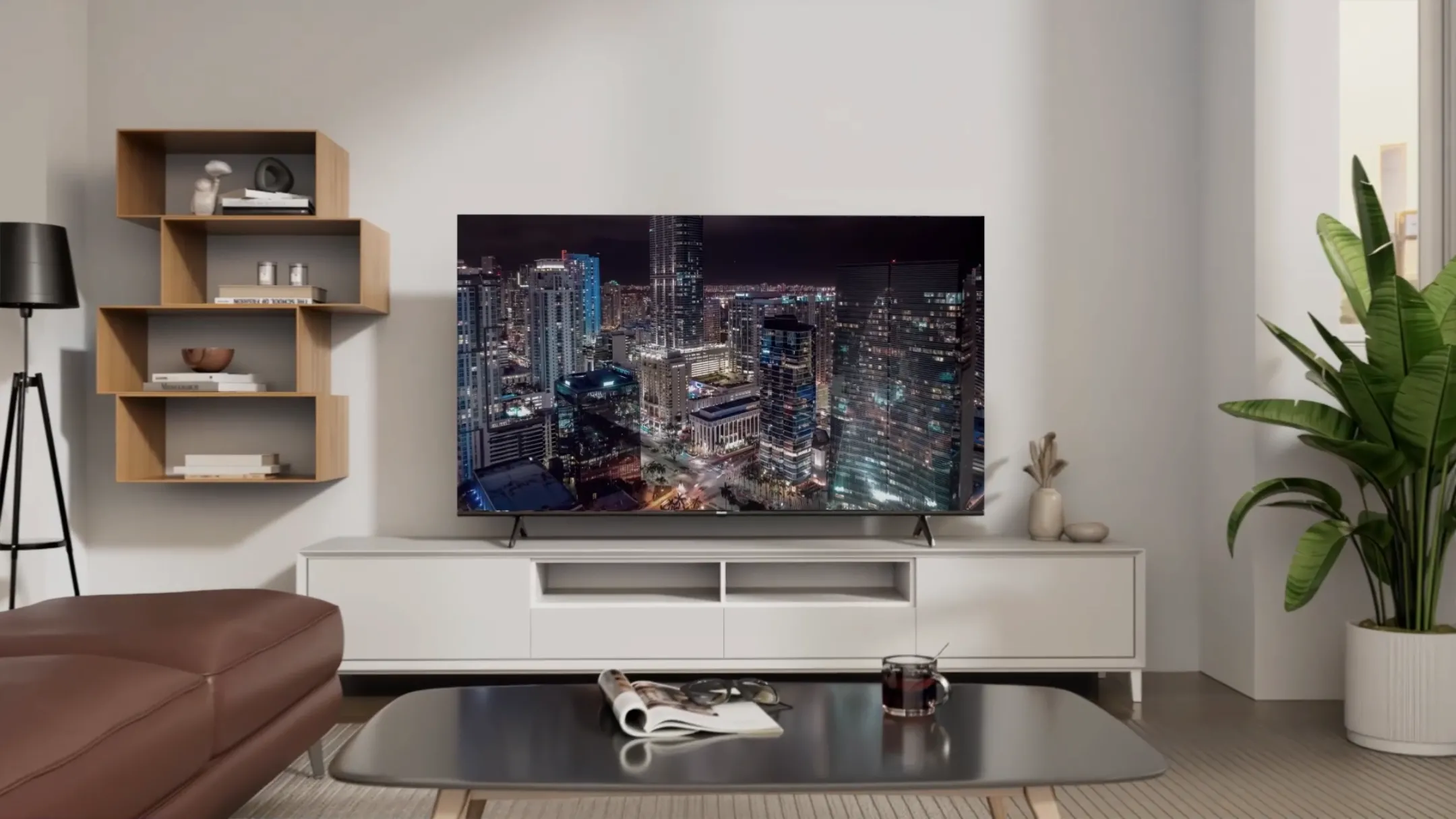 Smart TV Hisense QD7 75 inch được đặt trong một phòng khách hiện đại, hiển thị hình ảnh sống động, tạo cảm giác như rạp chiếu phim tại gia