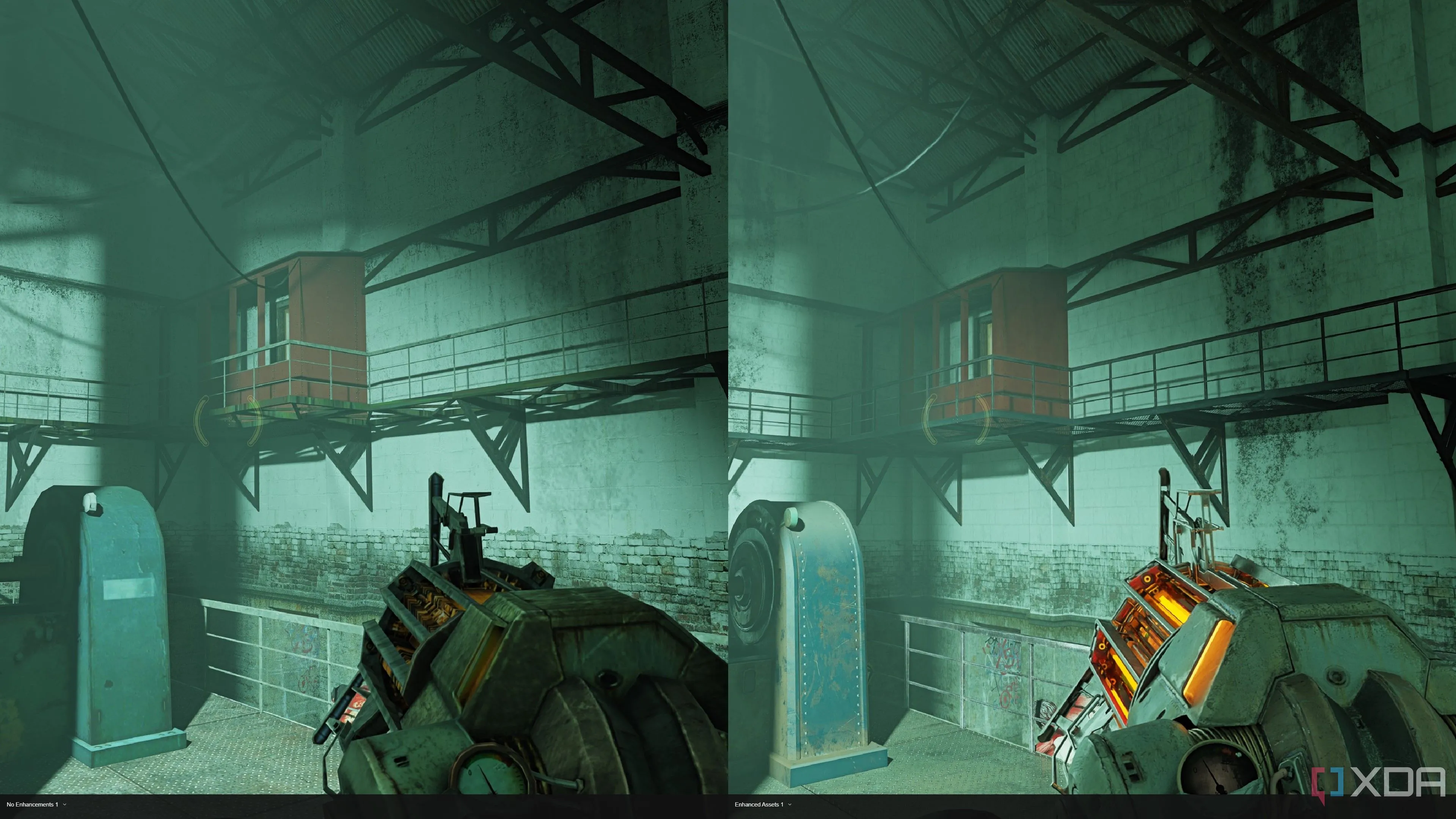 So sánh chi tiết súng Gravity Gun và kết cấu lưới cầu thang trong Half-Life 2 RTX với bản gốc, thể hiện độ phức tạp của mô hình và tương tác ánh sáng.