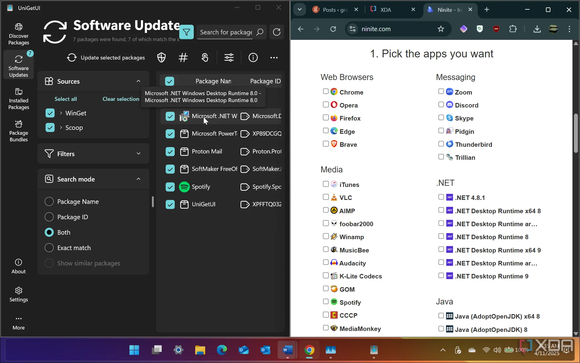 So sánh giao diện UniGetUI và Ninite trên màn hình chia đôi của Windows 11