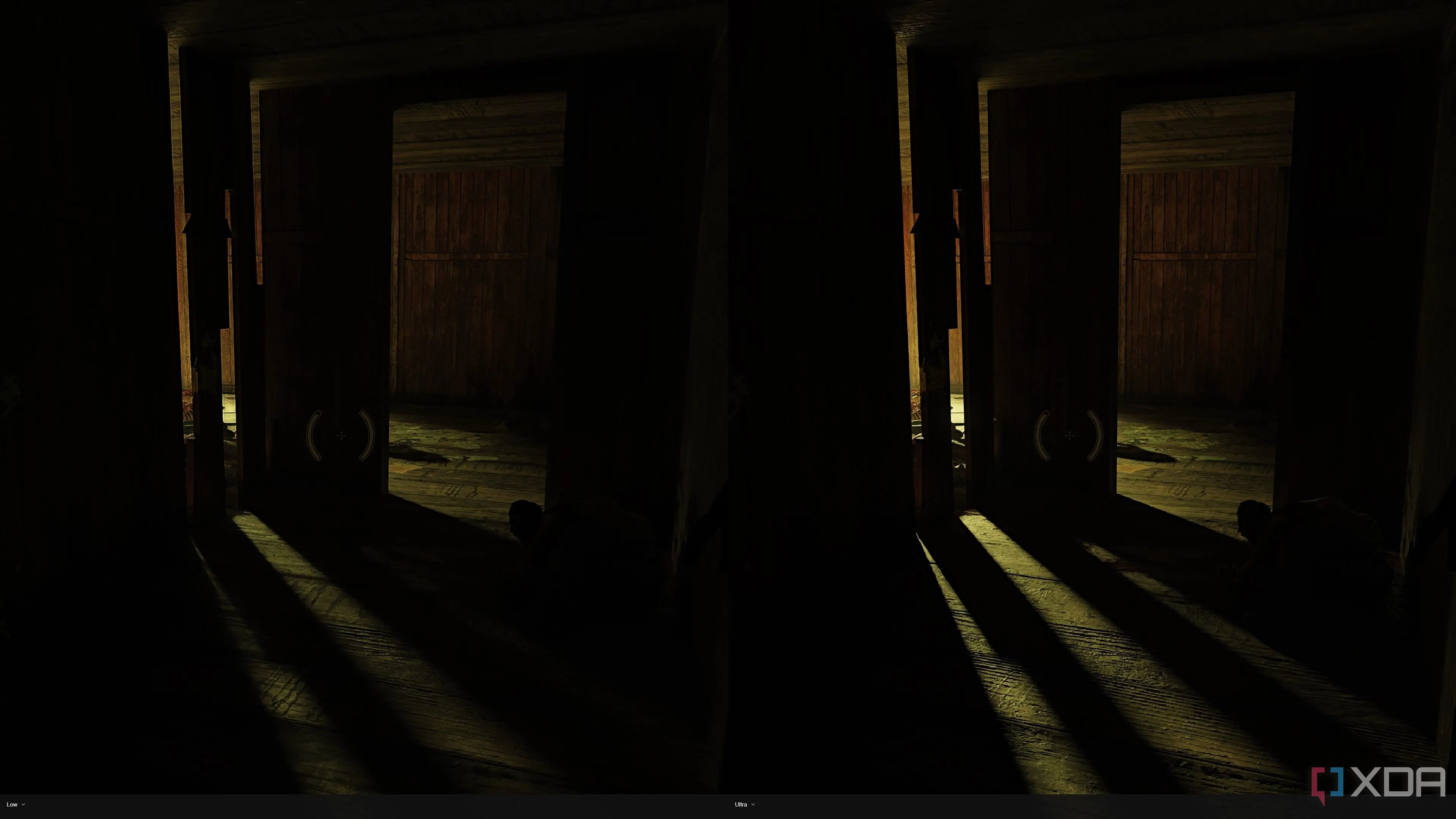So sánh hiệu ứng ánh sáng dò tia (ray-traced lighting) tại một khu vực tối trong Half-Life 2 RTX, làm tăng bầu không khí của game.