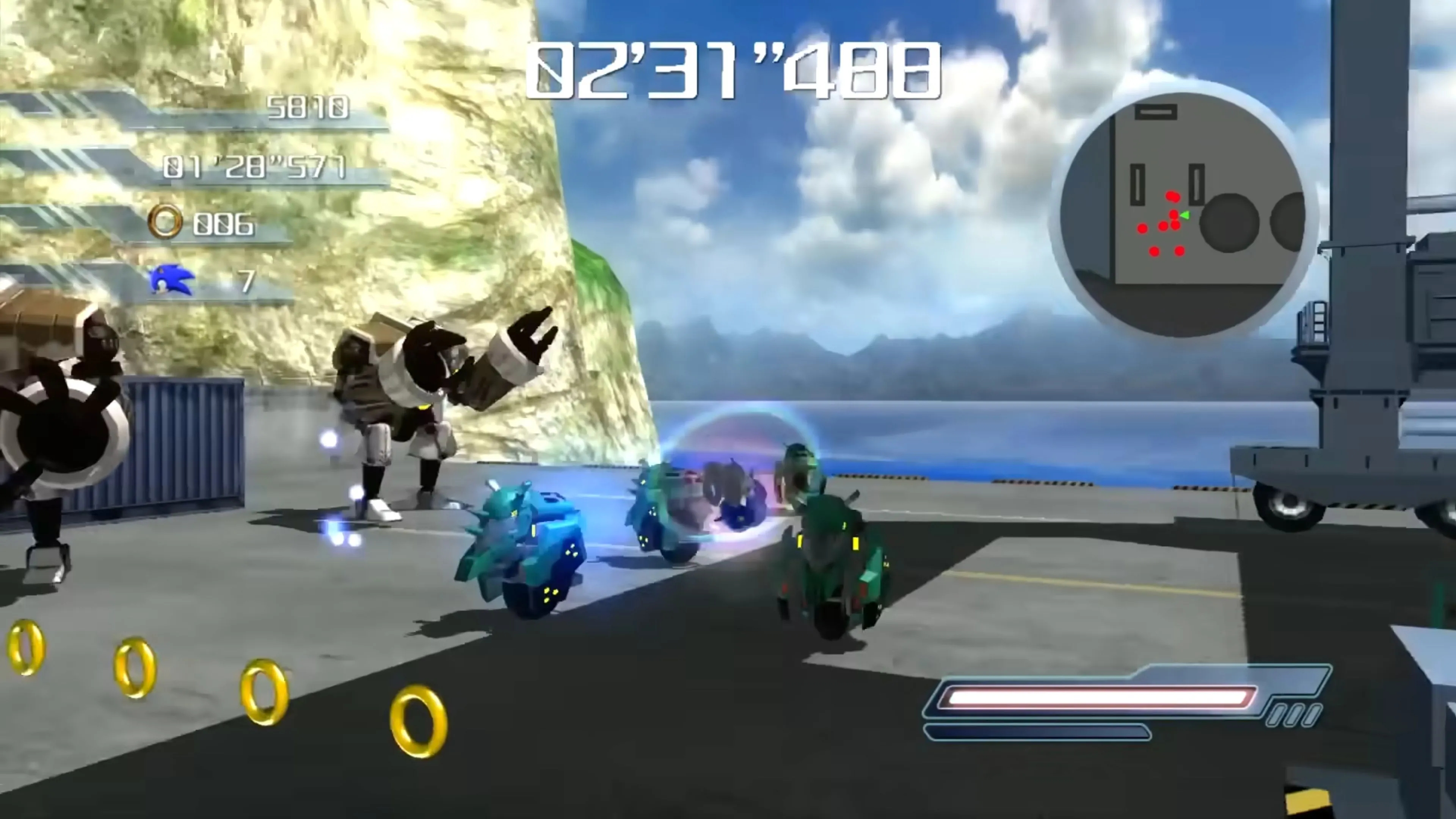 Sonic the Hedgehog đang chạy nước rút qua một thành phố hoang tàn trong Sonic 2006, thể hiện cảnh hành động.