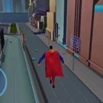 Superman bay lượn trên bầu trời Metropolis trong game Superman Shadow of Apokolips, tái hiện phong cách hoạt hình.
