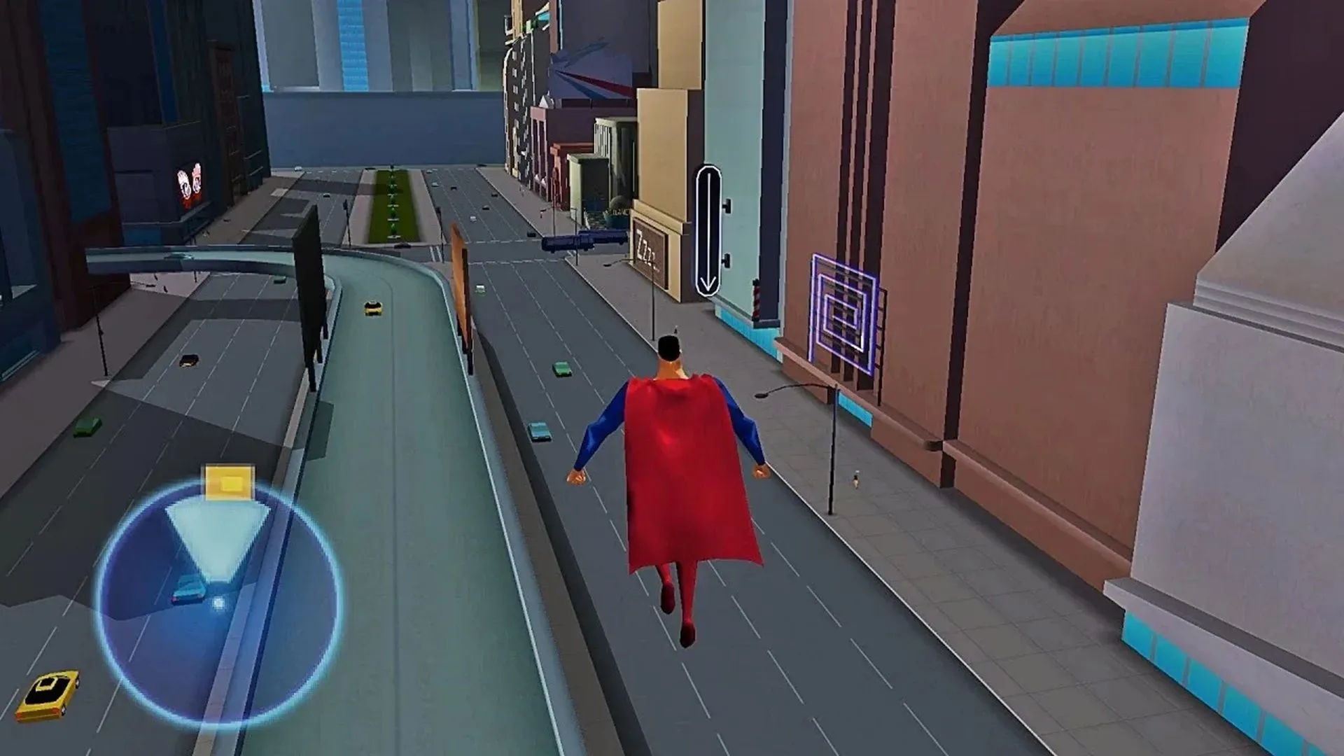 Superman bay lượn trên bầu trời Metropolis trong game Superman Shadow of Apokolips, tái hiện phong cách hoạt hình.