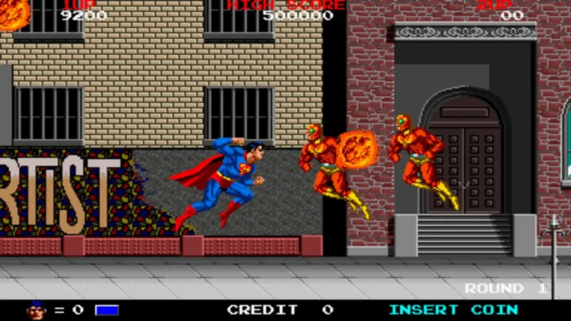 Superman chiến đấu với kẻ thù trong tựa game arcade kinh điển Superman The Video Game năm 1988.