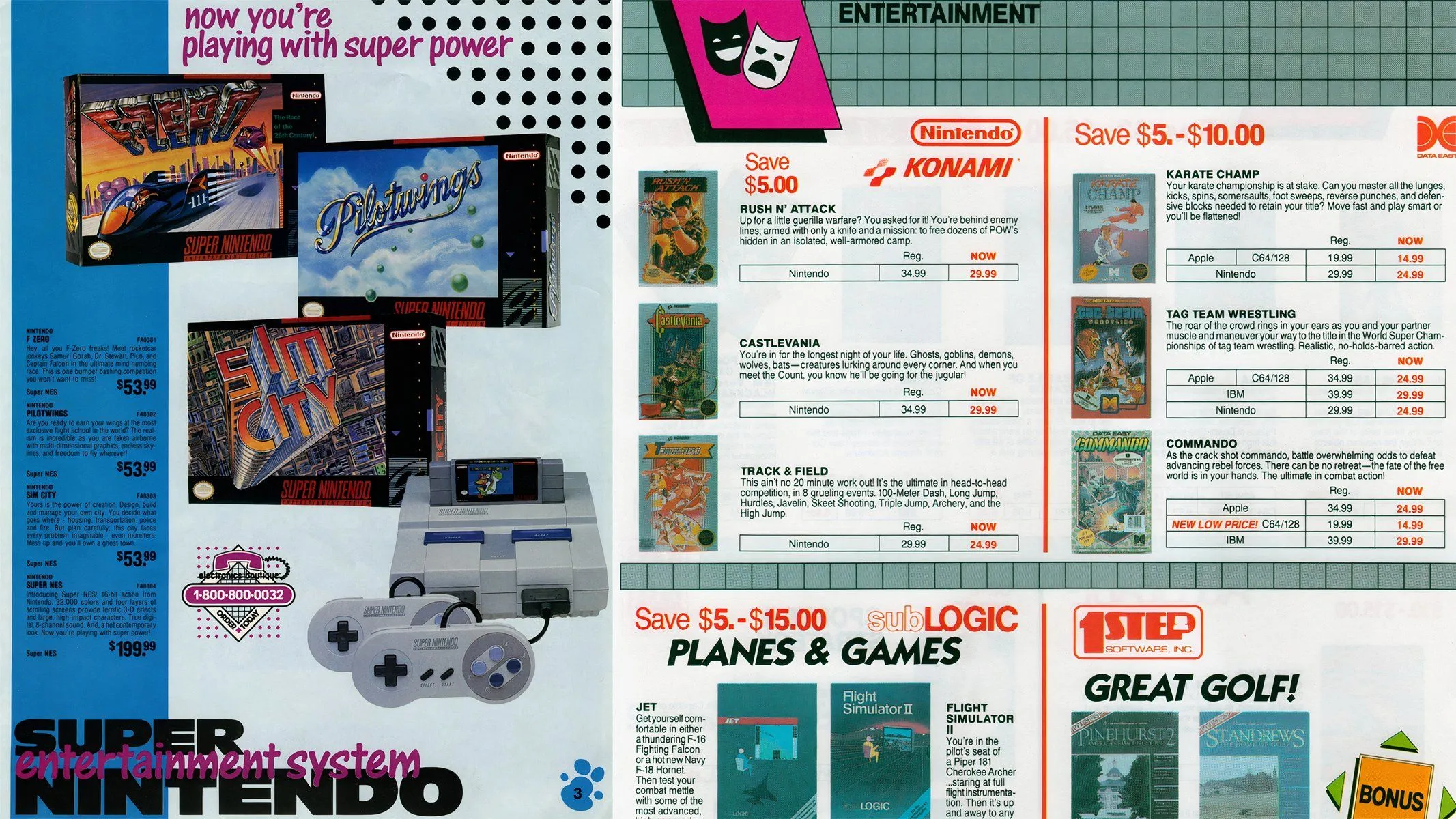 Tài liệu quảng cáo hoặc danh mục game cũ của NES và SNES, thể hiện thông tin giá