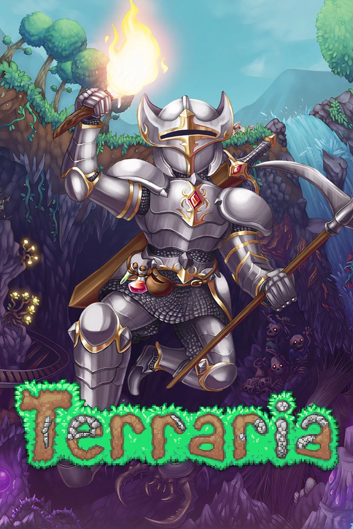 Thế giới pixel rộng lớn với các khu vực bị Corruption và Hallow xâm lấn trong Terraria