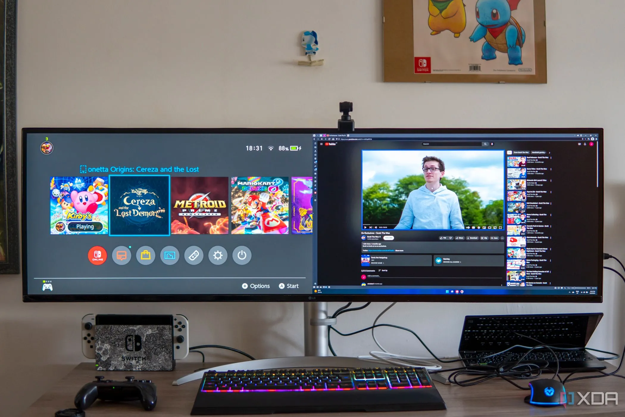 Thiết lập bàn làm việc với màn hình LG UltraWide 49W95C kết nối cùng lúc laptop và Nintendo Switch