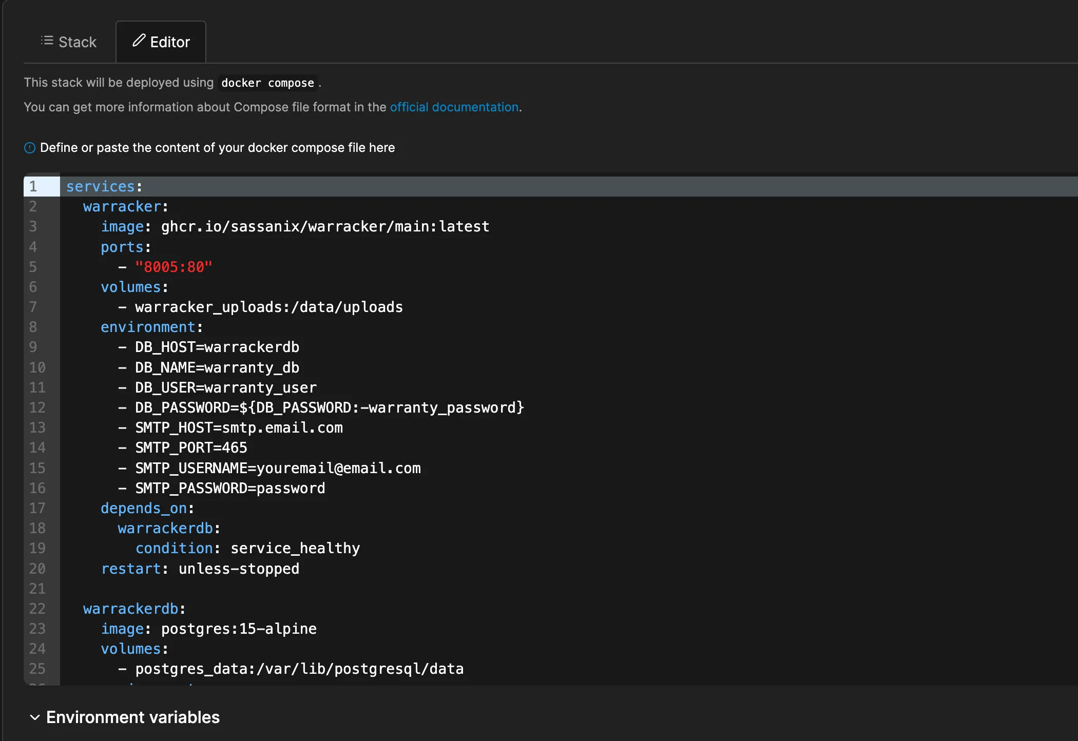 Thiết lập Warracker với Docker Compose trong giao diện Portainer