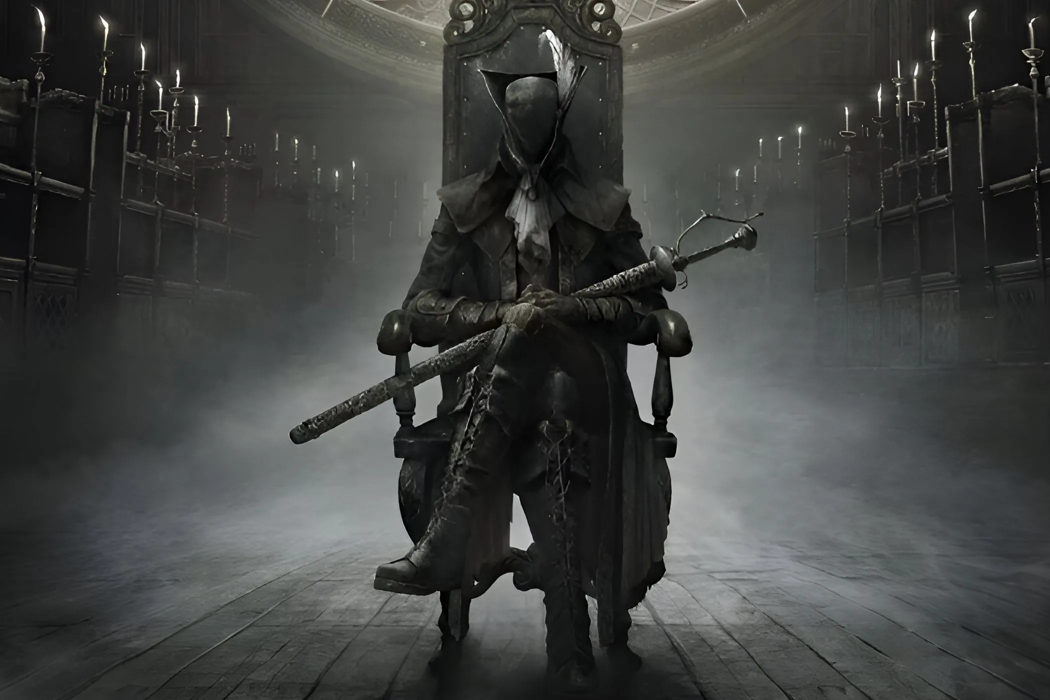 Thợ săn bí ẩn ngồi trên ghế trong Bloodborne: The Old Hunters, biểu tượng cho không khí kinh dị Gothic của DLC