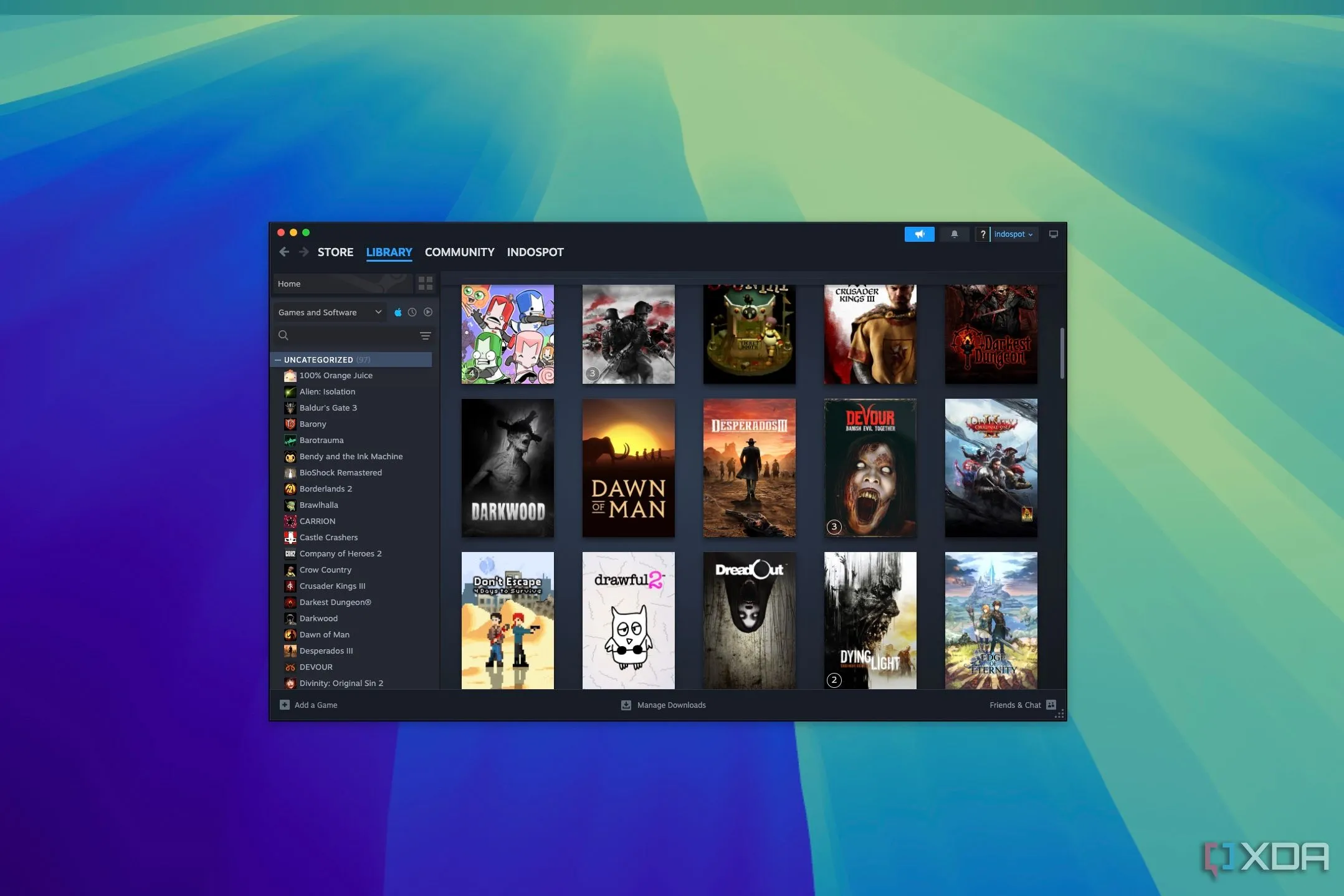 Thư viện game Steam với bộ lọc trò chơi hỗ trợ Mac và số lượng 97 game