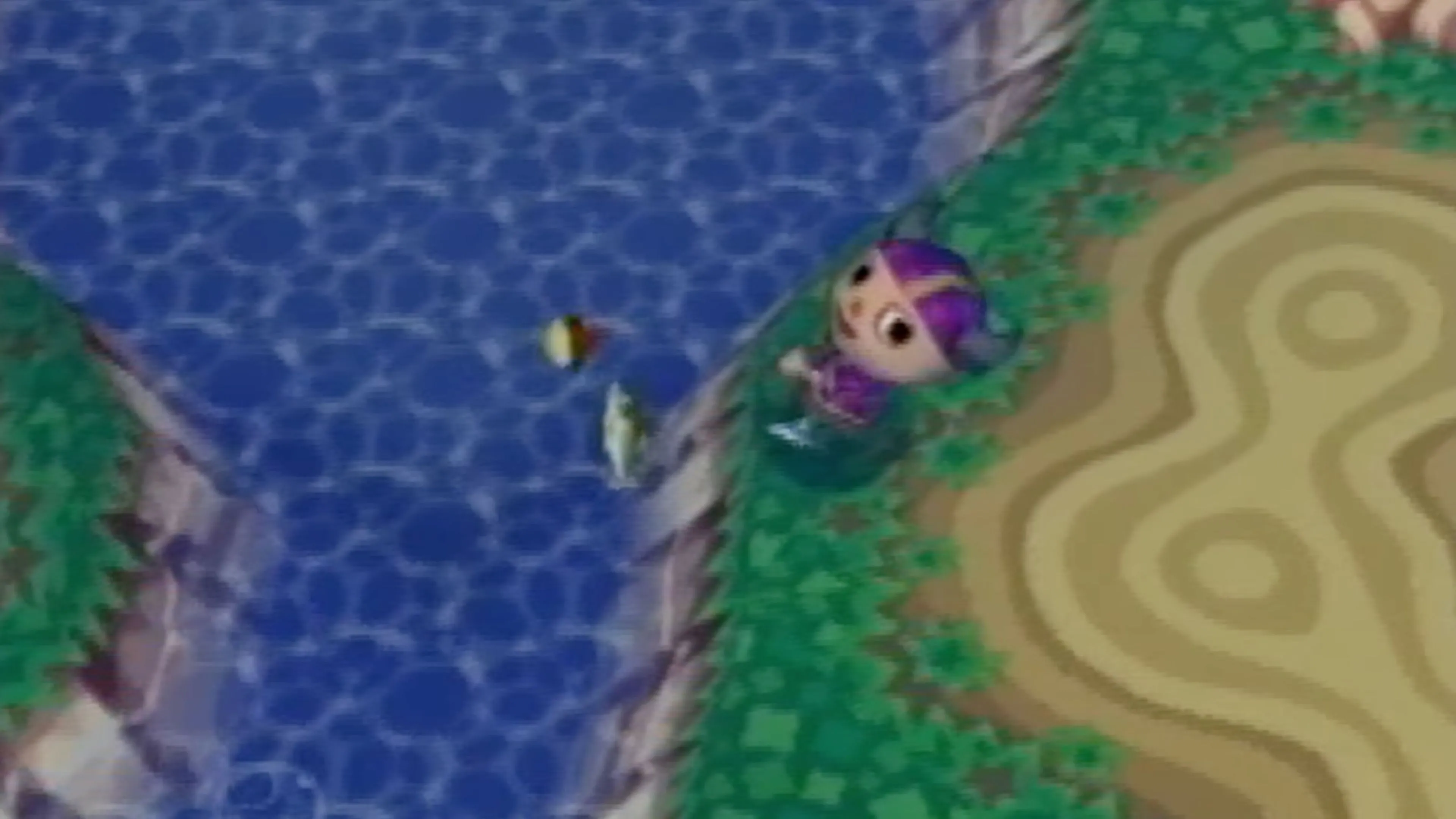 Toàn cảnh thị trấn trong Animal Crossing, thể hiện môi trường game GameCube sống động.