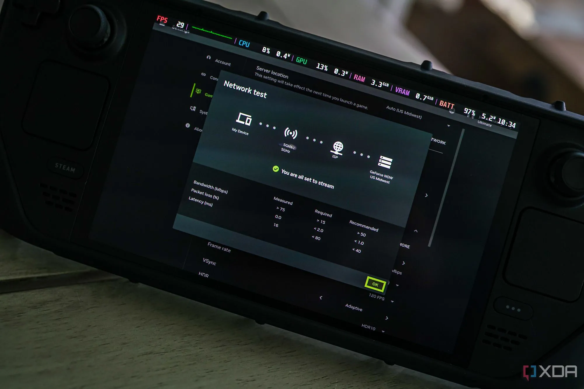 Tốc độ kiểm tra internet trong ứng dụng GeForce Now trên Steam Deck.
