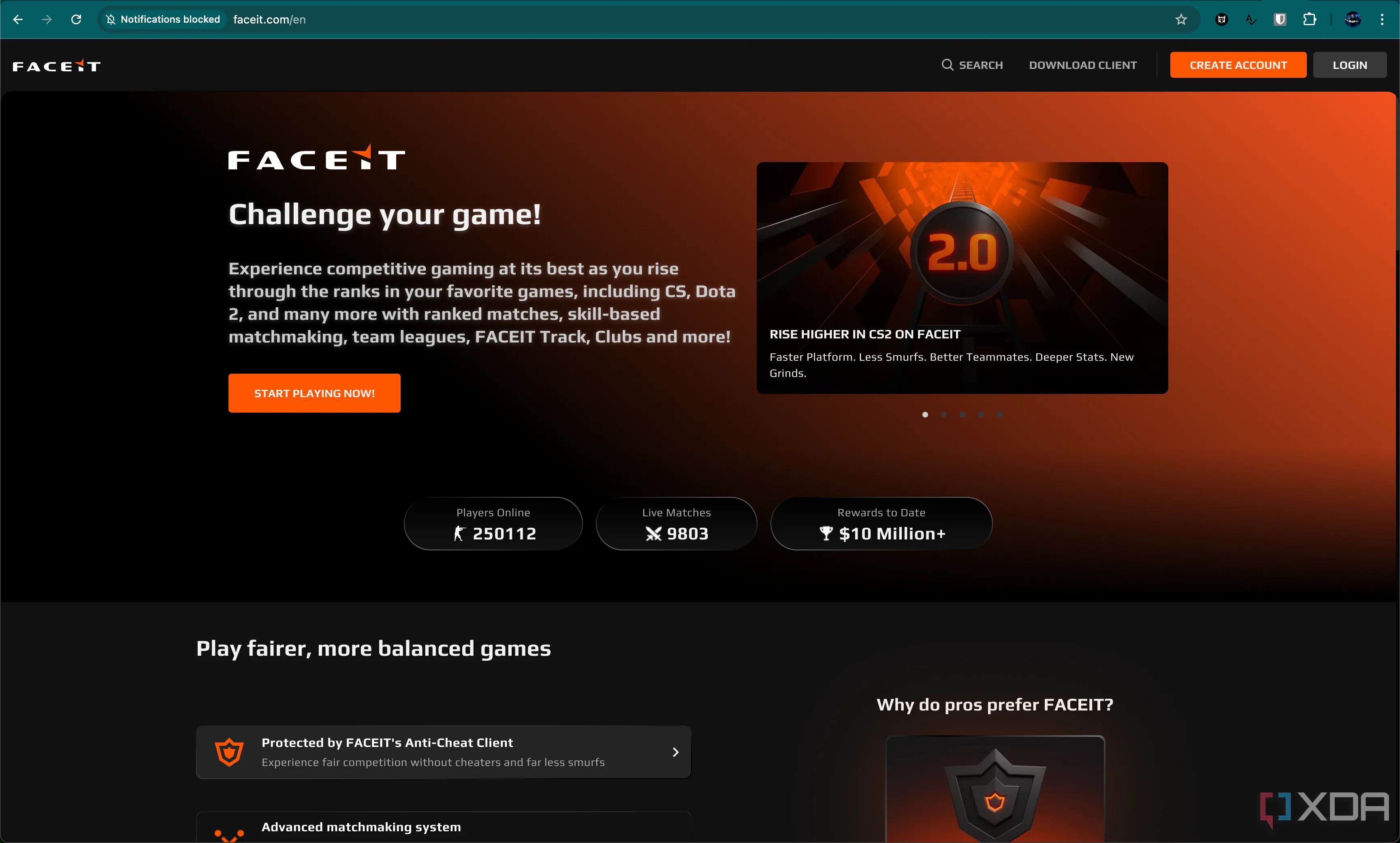 Trang chủ của nền tảng đấu ghép game Faceit