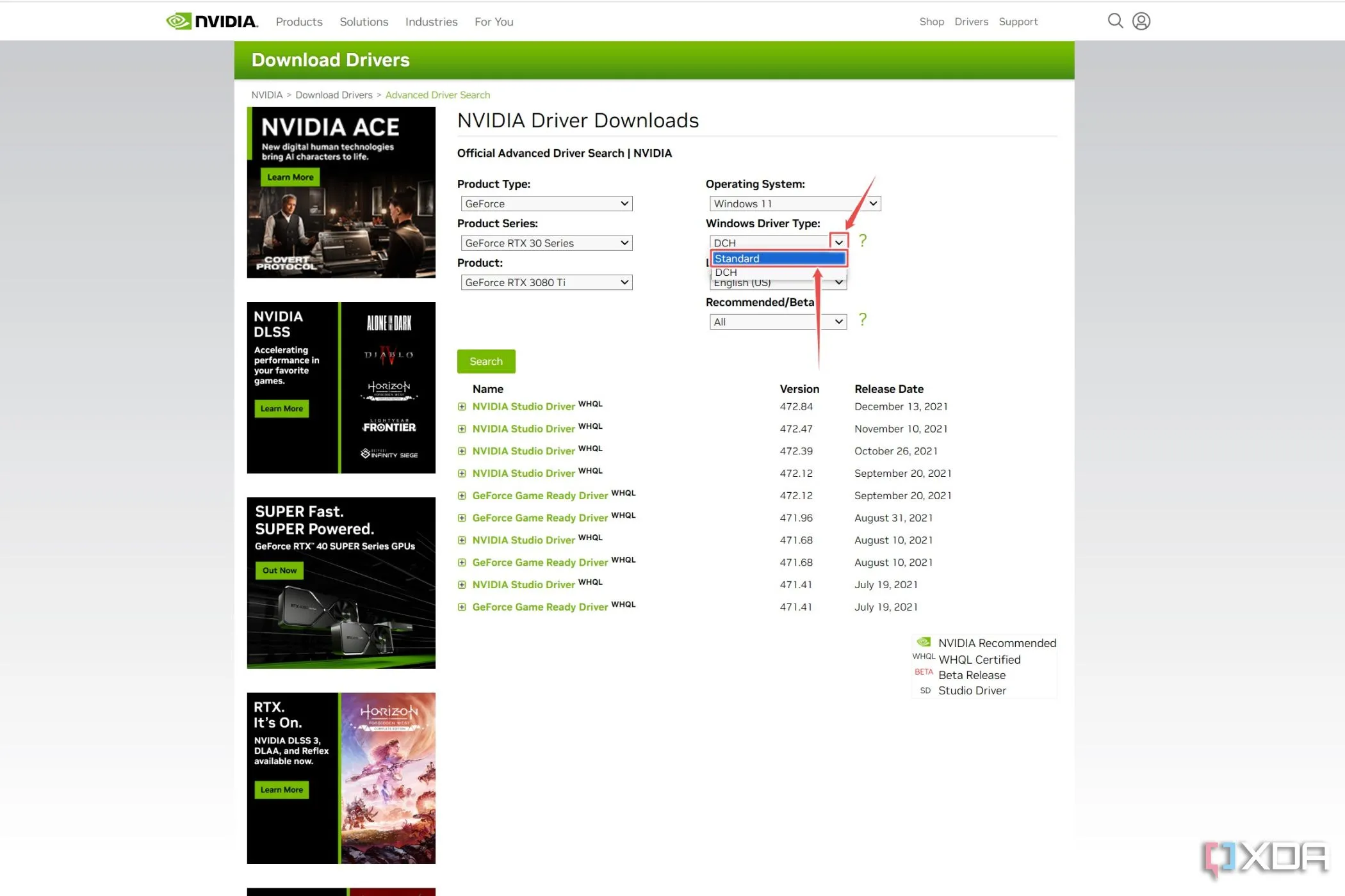 Trang tải driver của Nvidia với tùy chọn &quot;Standard Drivers&quot; được làm nổi bật