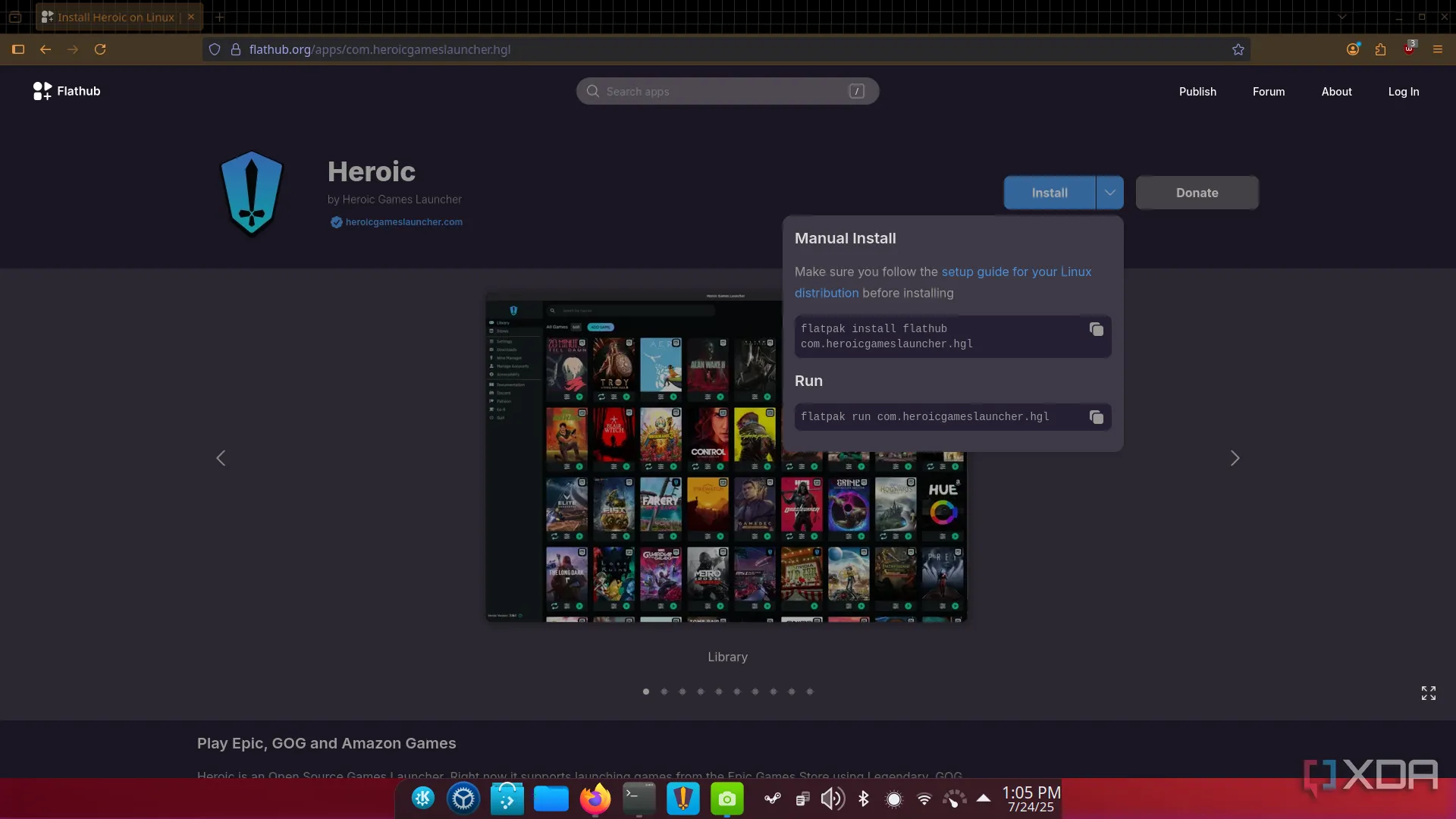 Trang tải xuống Heroic Games Launcher trên Flathub hiển thị mã cài đặt