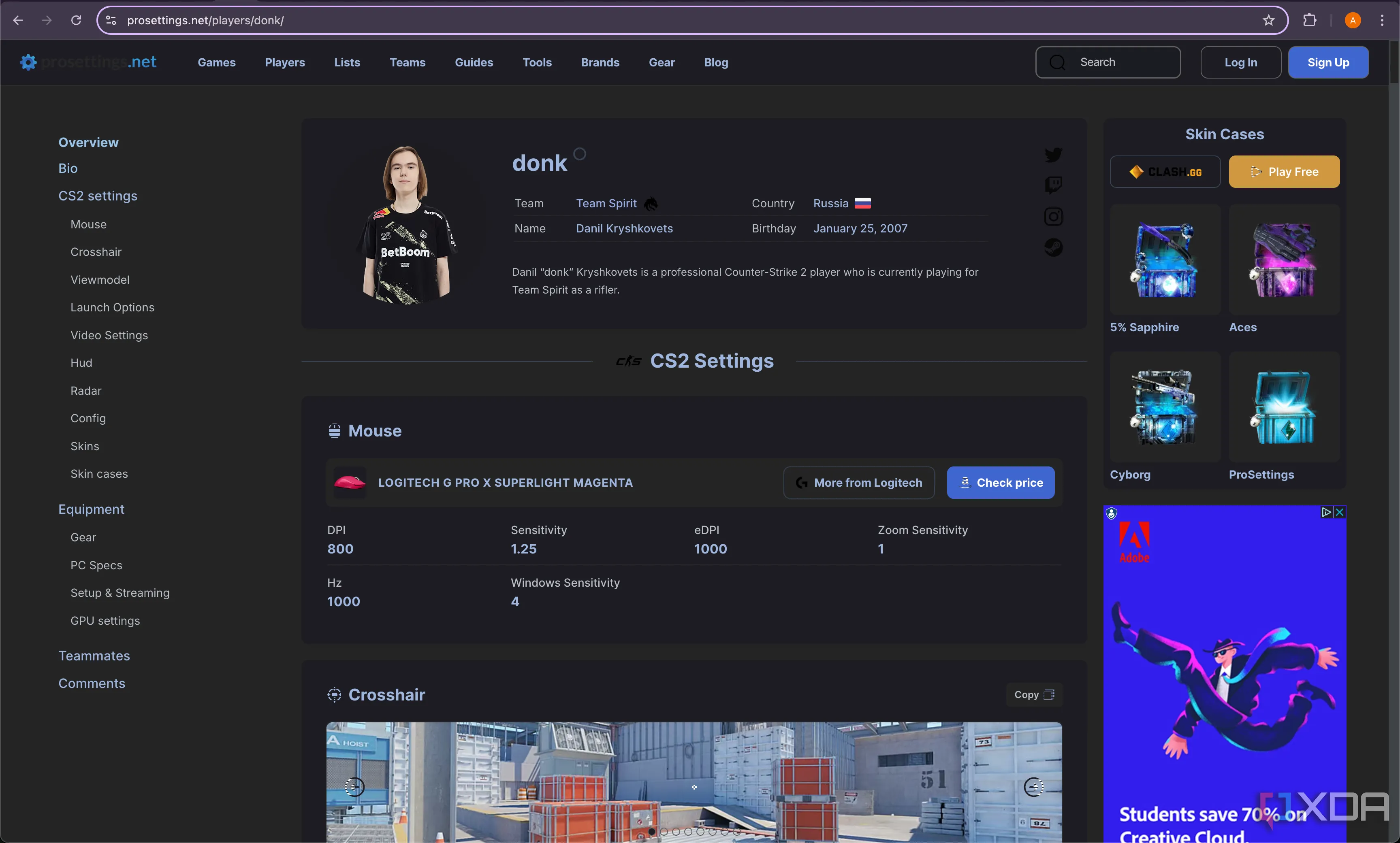 Trang web ProSettings hiển thị cài đặt và cấu hình của game thủ CS2 chuyên nghiệp Donk
