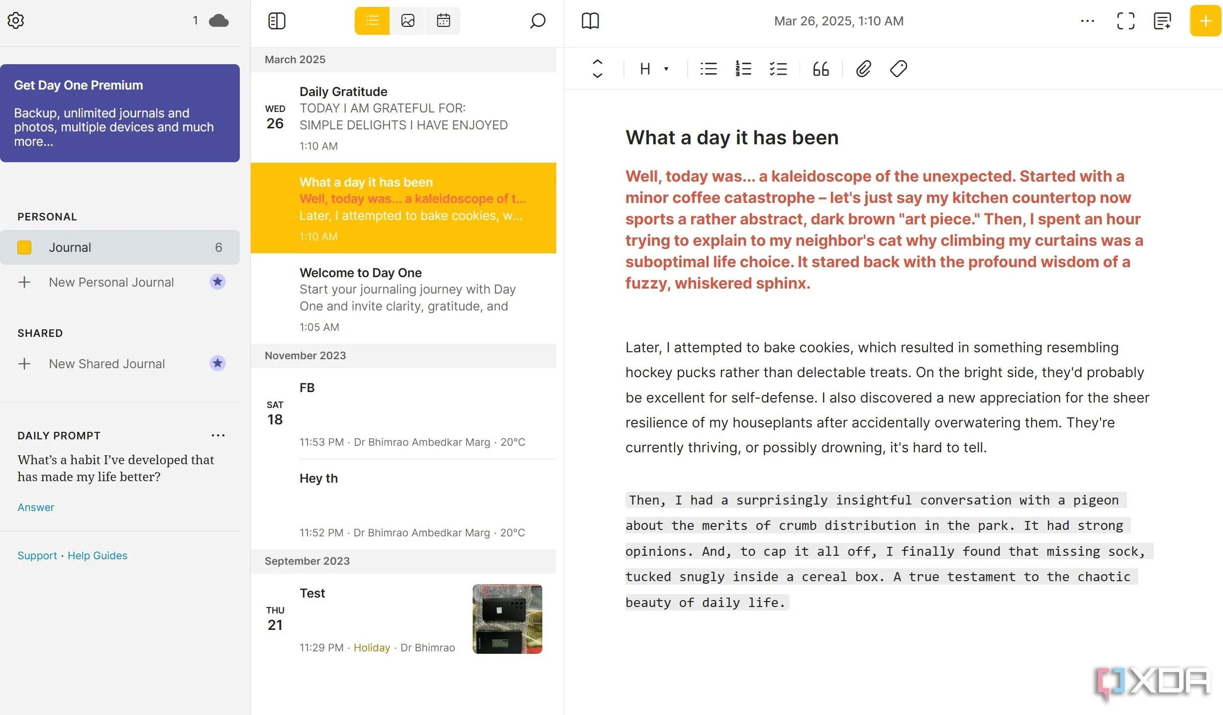 Trình soạn thảo văn bản của Day One trên Windows với các tùy chọn định dạng và chế độ tập trung