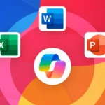 Trợ lý AI Copilot của Microsoft với các biểu tượng ứng dụng Office 365 như Word, Excel, PowerPoint, OneDrive.