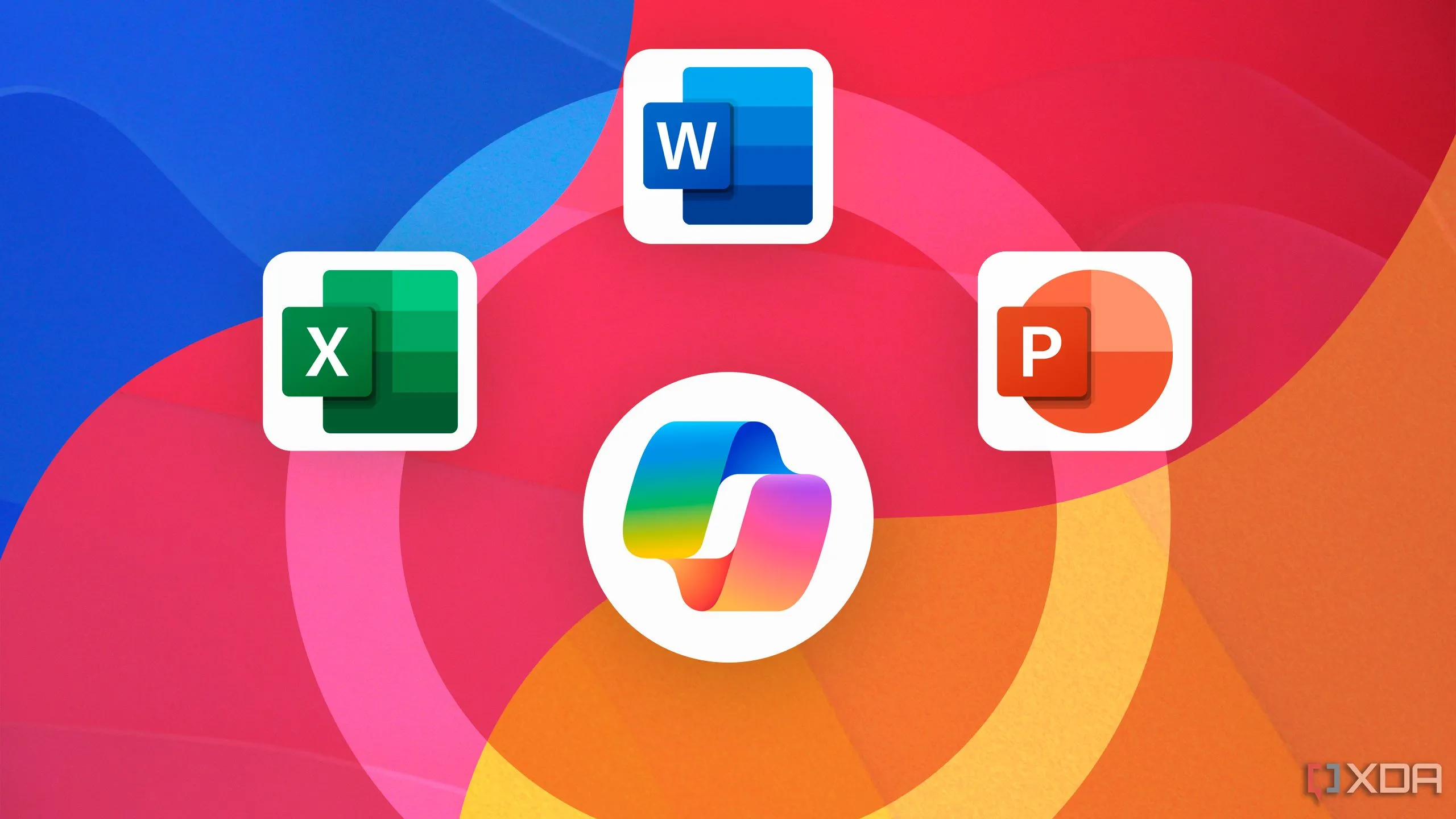Trợ lý AI Copilot của Microsoft với các biểu tượng ứng dụng Office 365 như Word, Excel, PowerPoint, OneDrive.