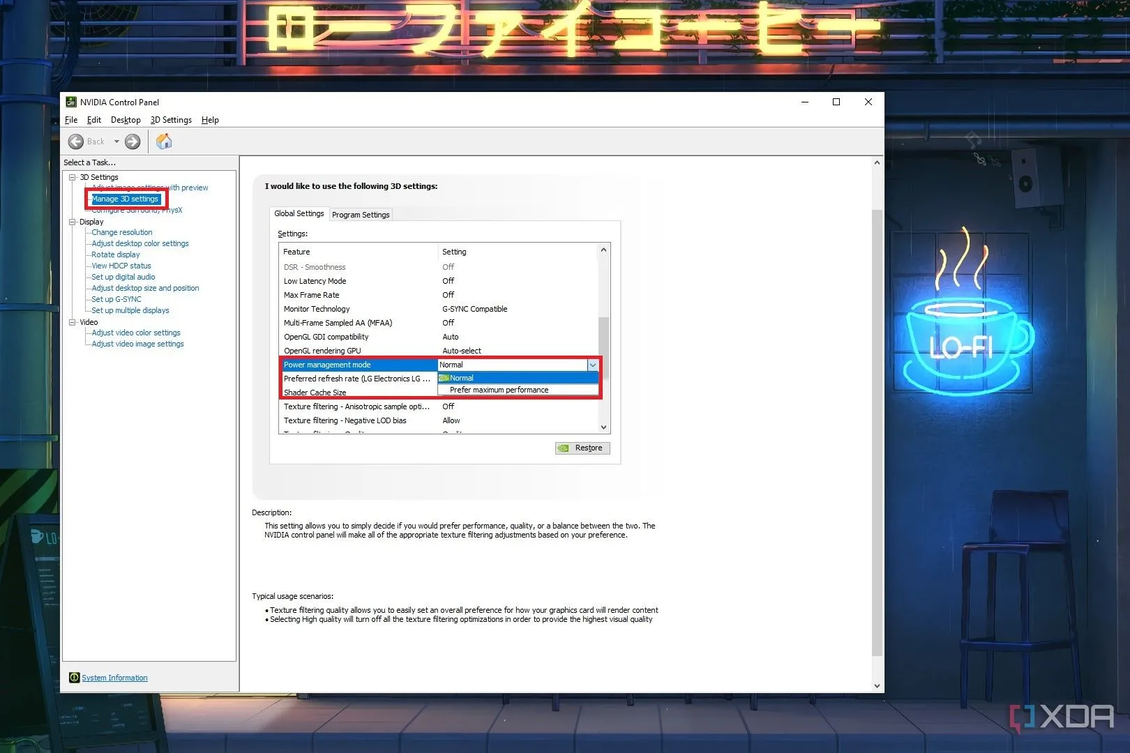 Tùy chọn chế độ quản lý năng lượng GPU trong Nvidia Control Panel