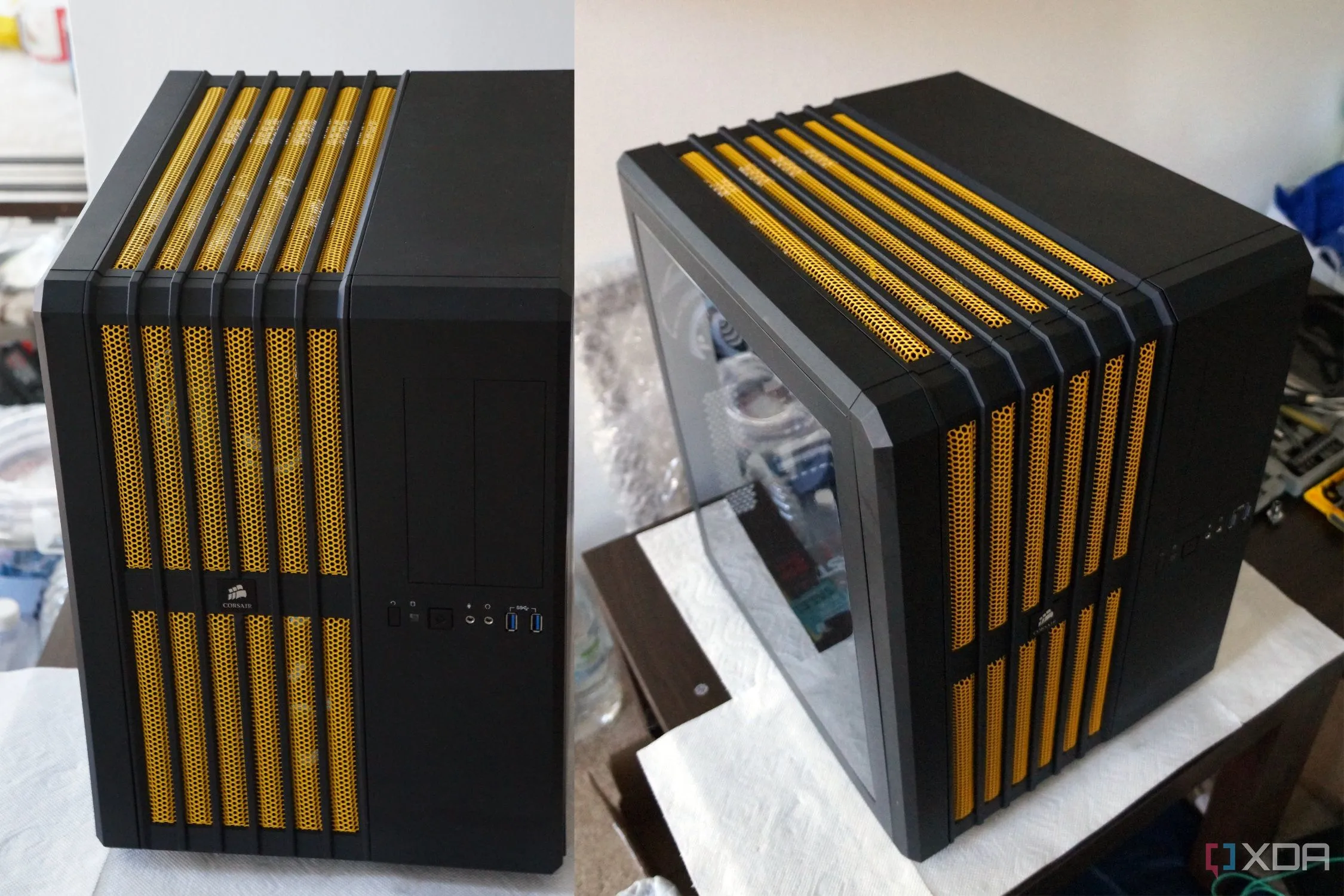 Vỏ case Corsair Air 540 màu vàng với thiết kế buồng đôi đặc trưng, chiếm nhiều không gian bàn làm việc