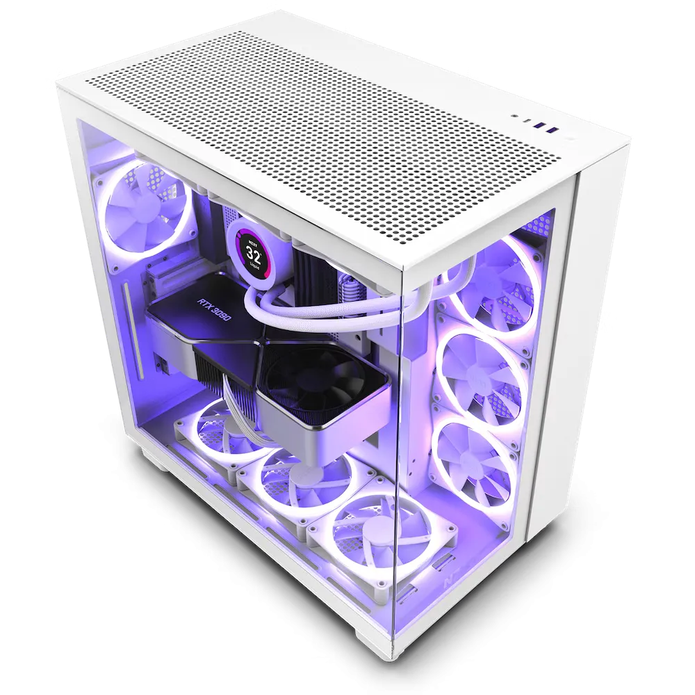 Vỏ case NZXT H9 Flow màu đen, với thiết kế hai buồng và mặt kính cường lực tràn viền, tạo không gian rộng rãi cho các linh kiện và tản nhiệt hiệu quả.