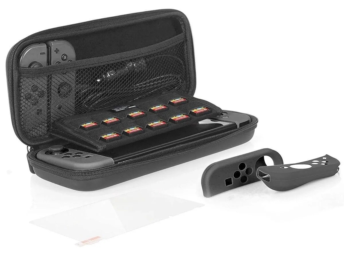 Vỏ đựng Nintendo Switch của Amazon Basics có ngăn chứa cho thẻ game, máy và phụ kiện, lý tưởng cho việc du lịch.