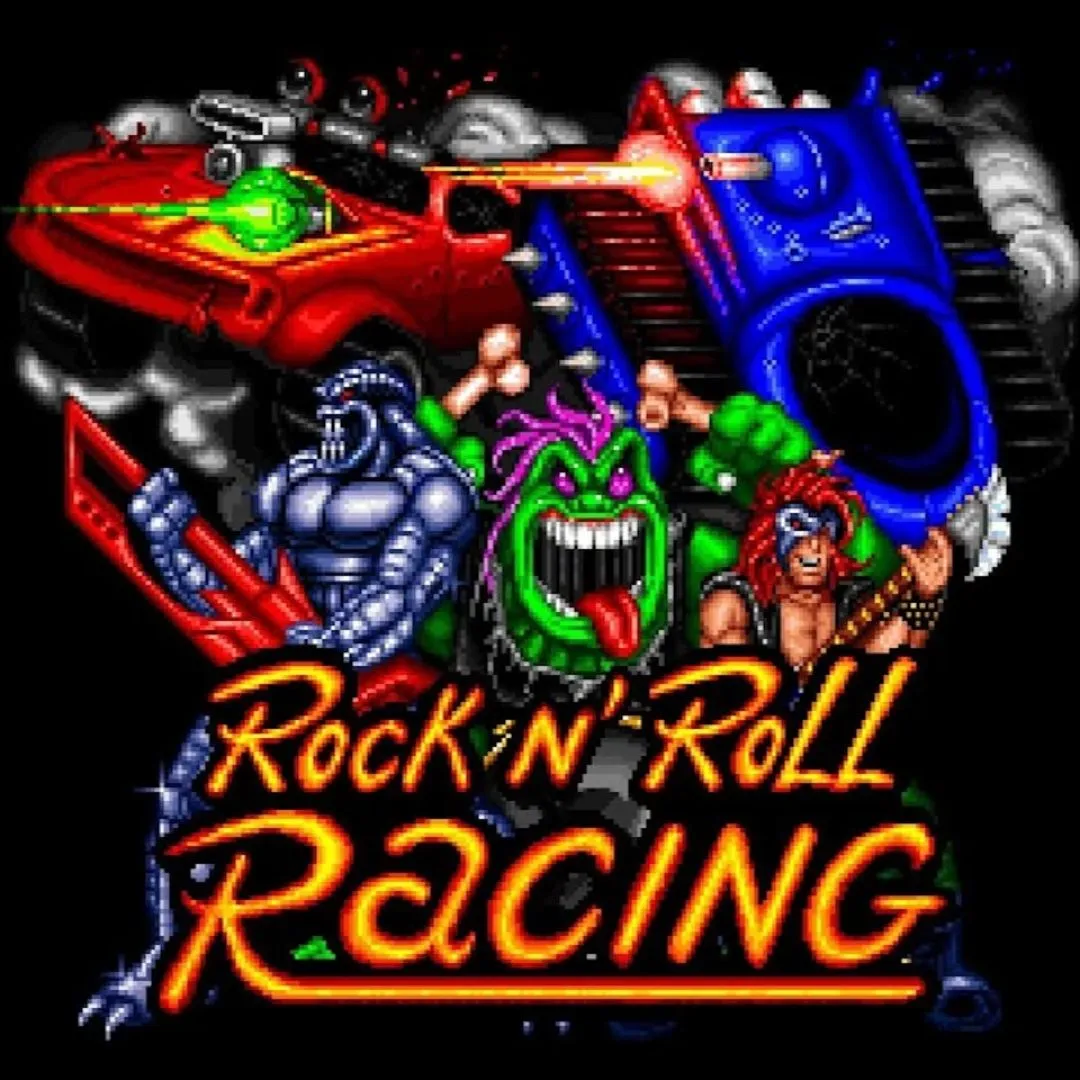 Xe đua trong Rock n' Roll Racing trên SNES với góc nhìn isometric và hiệu ứng cháy nổ