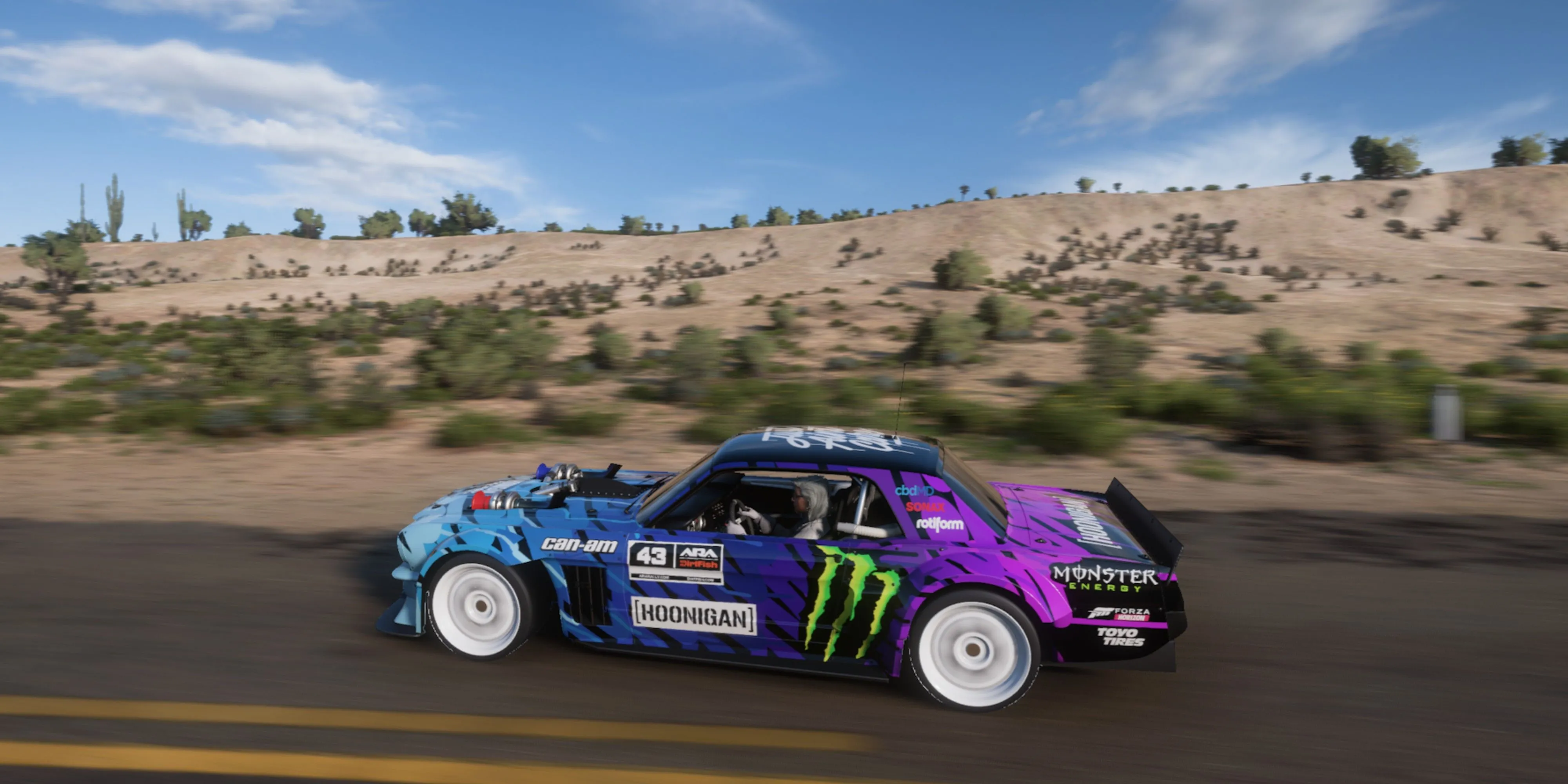Xe Hoonigan Ford Hoonicorn Mustang nổi bật trong Forza Horizon 5, thể hiện sự đa dạng và tùy chỉnh xe trong game.