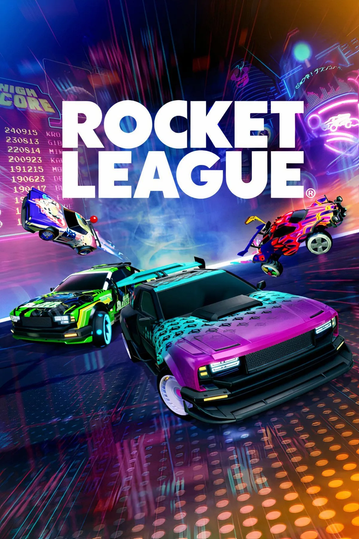 Xe ô tô tên lửa trong Rocket League đang rượt đuổi quả bóng khổng lồ trên sân đấu, kết hợp bóng đá và đua xe.