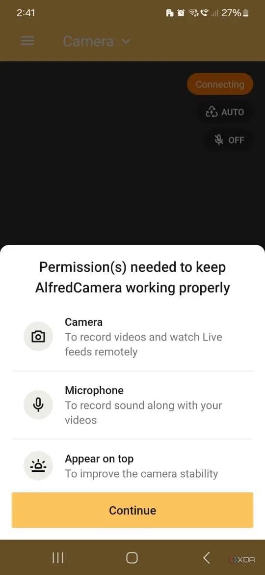 Yêu cầu cấp quyền truy cập ứng dụng Alfred Security cho điện thoại camera